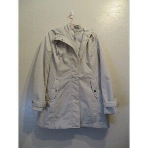 HFX Womens Sz M Hooded Rain Jacket Trench Coat Water Wind Resistant Light Gray